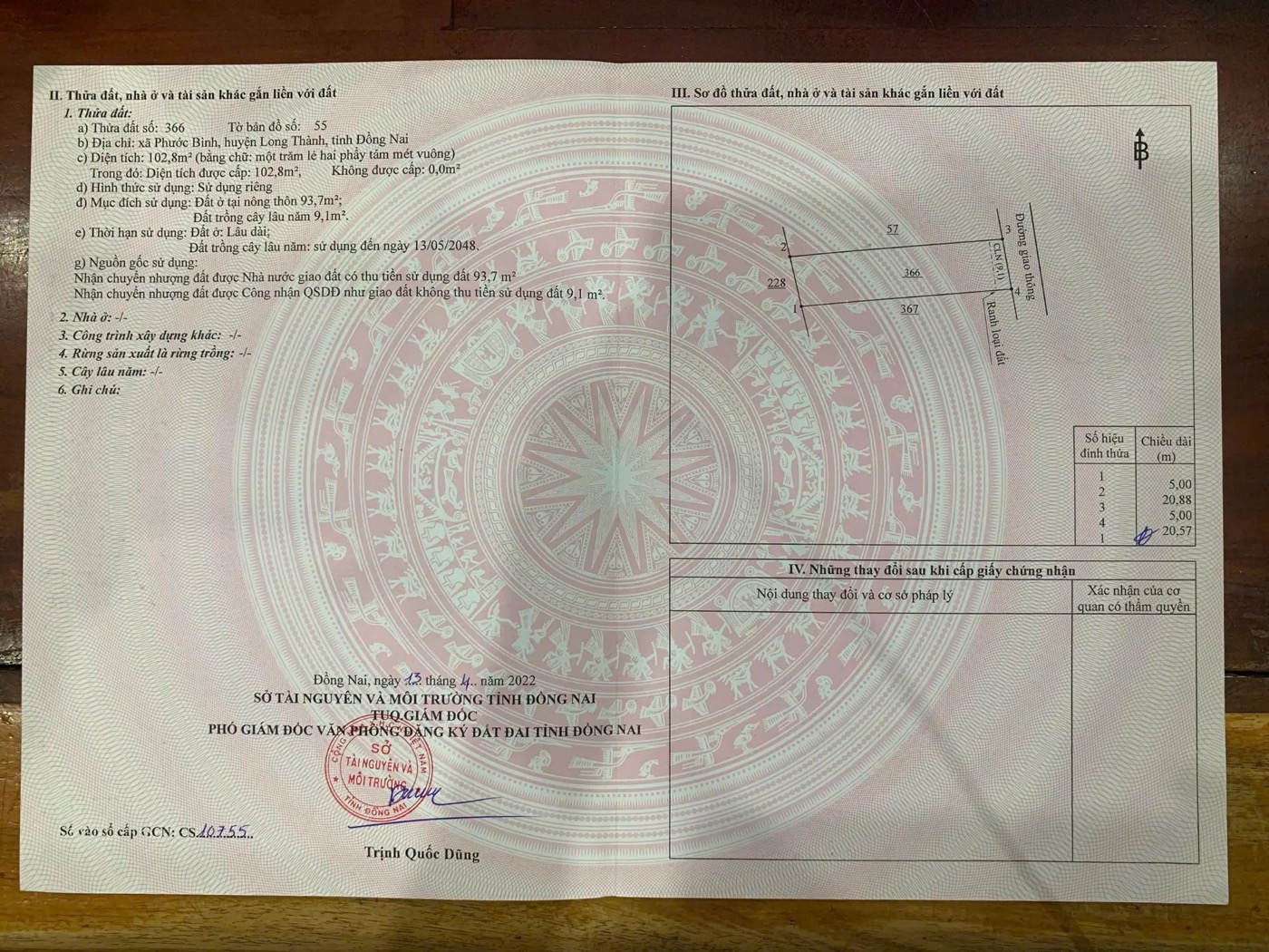 Sổ đỏ — Giấy chứng nhận quyền sử dụng đất thửa 366, xã Phước Bình, Long Thành